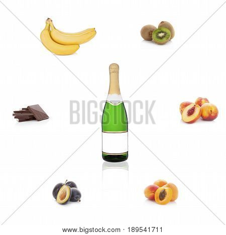 Champagne sparkling wine with empty label with different fruits and chocolate isolated on white background. Aroma of wine. Wine bouguet.