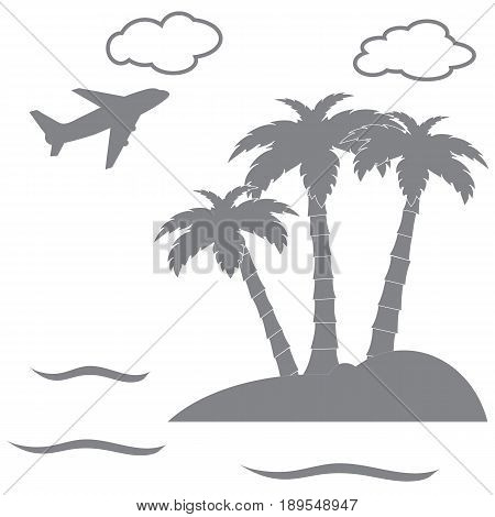 Stylized Icon Palm Trees On An Island In The Ocean And A Flying Plane