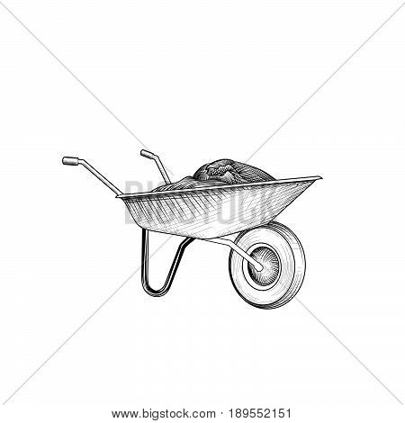 Garden cart with humus isolated rettro etching. Wheelbarrow engraving. Gardening sign