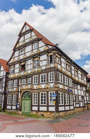 HAMELN, GERMANY - MAY 22, 2017: Historic half-timbered house in the center of Hameln, Germany