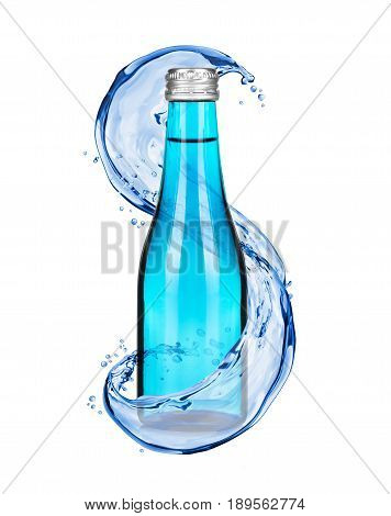 Splashes of water around a bottle on a white background