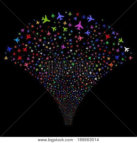 Air Plane salute stream. Vector illustration style is flat bright multicolored iconic symbols on a black background. Object source fountain created from random pictograms.