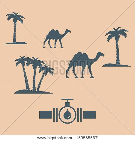 Stylized icon of the pipe with a valve and fuel drops on a color background with palm trees and camels
