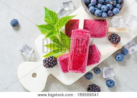 Fresh summer wild blueberries and brambleberry home made sorbet ice cream popsicles.