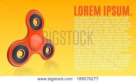 Red spinner on a orange background. Modern toy antistress for fingers. 3d style. Glossy button. A place for your projects. Enter your text. Cover for advertising. Vector illustration. EPS 10