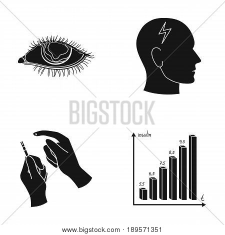 Poor vision, headache, glucose test, insulin dependence. Diabetic set collection icons in black style vector symbol stock illustration .