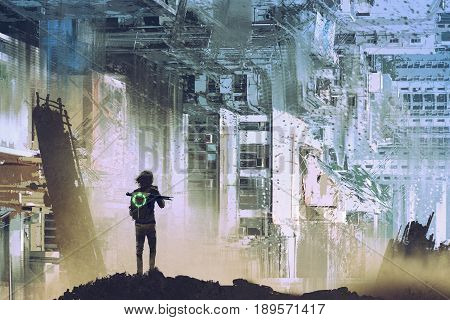 sci-fi concept of the traveler take picture of abstract futuristic city with digital art style, illustration painting