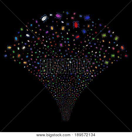 Cucaracha salute stream. Vector illustration style is flat bright multicolored iconic symbols on a black background. Object explosion fountain combined from random design elements.