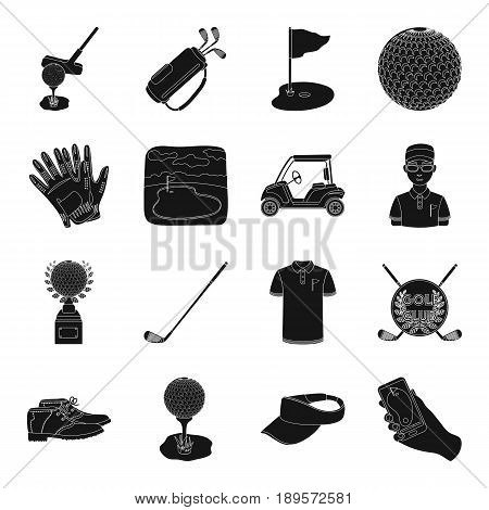 A golfer, a ball, a club and other golf attributes.Golf club set collection icons in black style vector symbol stock illustration .