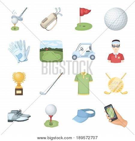 A golfer, a ball, a club and other golf attributes.Golf club set collection icons in cartoon style vector symbol stock illustration .