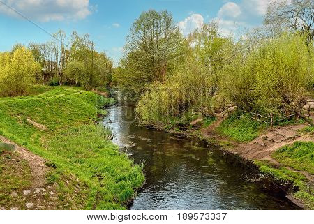 Panke river, a right tributary of the Spree, in Pankow, Berlin, Germany in the springtime.