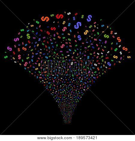 Dollar salute stream. Vector illustration style is flat bright multicolored iconic symbols on a black background. Object explosion fountain organized from random pictograms.