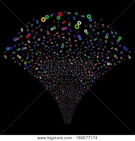 Gears salute stream. Vector illustration style is flat bright multicolored iconic symbols on a black background. Object explosion fountain organized from random symbols.