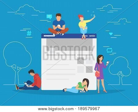 Social network web site surfing concept illustration of young people using mobile gadgets such as smarthone, tablet and laptop to be a part of online community. Flat guys and women sitting on conceptual website page with networking symbols