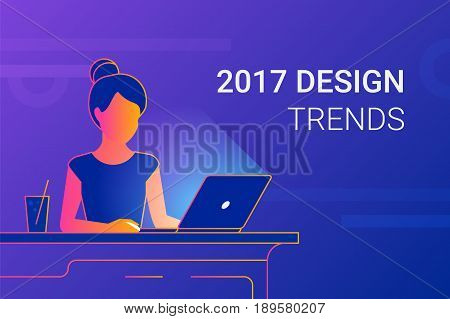 Young woman working with laptop at work desk. Modern gradient line vector illustration of designer or student interesting in 2017 design trends at workdesk. Educational background of people learning and studying with copy space