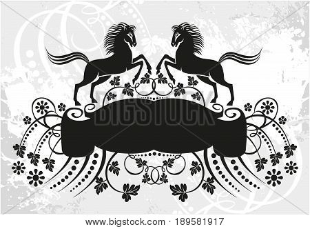 Black and white floral frame with branches and horses