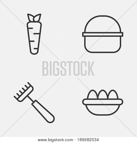 Farm Icons Set. Collection Of Package, Root, Rake And Other Elements. Also Includes Symbols Such As Ovum, Package, Basket.