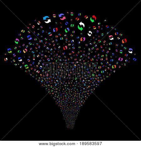 Refresh salute stream. Vector illustration style is flat bright multicolored iconic symbols on a black background. Object fireworks fountain constructed from random icons.