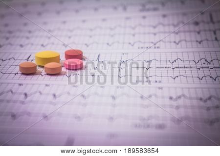 Holter electrocardiogram trace of a patient with pacemakers and some colored pills