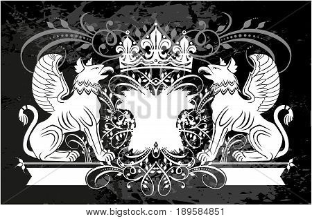 Black and white floral frame with crown and Griffin