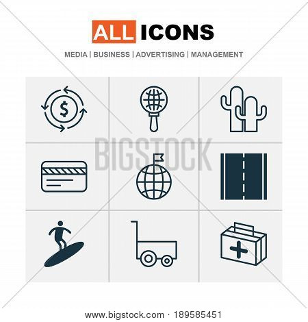 Travel Icons Set. Collection Of Boardsports, Bank Card, Freight Trolley And Other Elements. Also Includes Symbols Such As Aid, Man, Card.