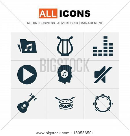 Music Icons Set. Collection Of Barrel, Timbrel, Instrument And Other Elements. Also Includes Symbols Such As Timbrel, Tambourine, Folder.