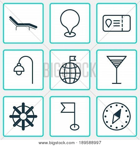 Travel Icons Set. Collection Of Chaise Longue, Trip Access, Steering Wheel And Other Elements. Also Includes Symbols Such As Beach, Access, Visited.