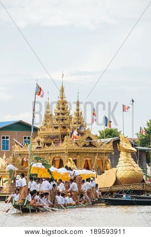 INLE-LAKE, MYANMAR - OCT 06 2014: The festival of Phaung Daw Oo Pagoda at Inle Lake is once a year are ceremonially rowed around the Lake.