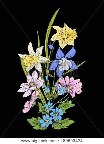 Embroidery vintage flowers bouquet of poppy, daffodil, anemone, violet in botanical style on black background. Stock vector illustration.