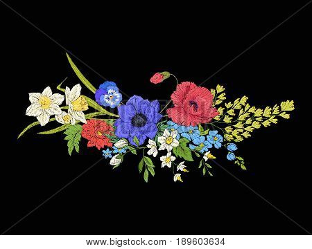 Embroidery vintage flowers bouquet of poppy, daffodil, anemone, violet in botanical style on black background. Stock vector illustration.