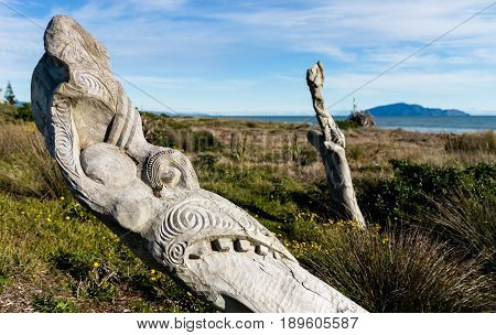 Some wonderful beach maori carving at Otaki Beach.