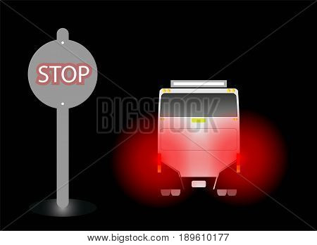 Bus stop and Red Light of Brake at Bus stop in Night Background Vector and Illustration