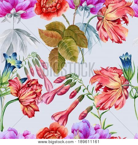 Background of flowers. Seamless pattern. Batanic watercolor illustration