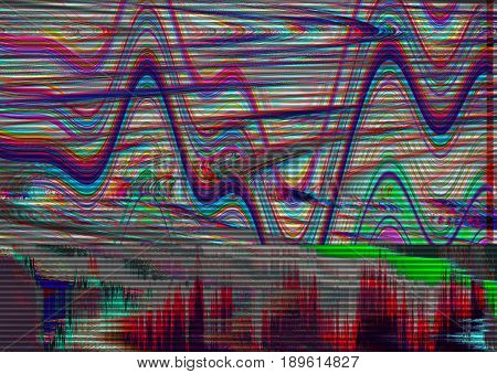 Glitch psychedelic background. Old TV screen error. Digital pixel noise abstract design. Broken pixels glitch. Television signal fail. Technical problem grunge wallpaper. Colorful noise rerto