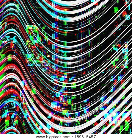 Glitch psychedelic background. Old TV screen error. Digital pixel noise abstract design. Broken pixels glitch. Television signal fail. Technical problem grunge wallpaper. Colorful noise rerto