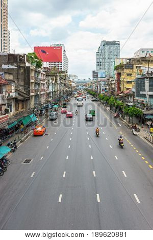 Bangkok Thailand - June 3 2017: Traffic conditions on Ratchaprarop Road at Pratunam area with a cloudy background in Bangkok Thailand.