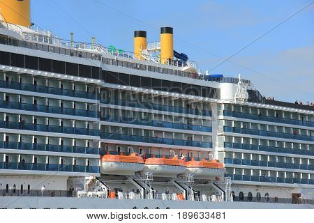 Velsen The Netherlands - May 30th 2017: Costa Mediterranea on North Sea Channel detail of lifeboat
