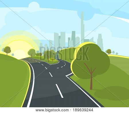 Vector illustration of panoramic urban landscape with highway in perspective and funny environment. Panoramic landscape with road