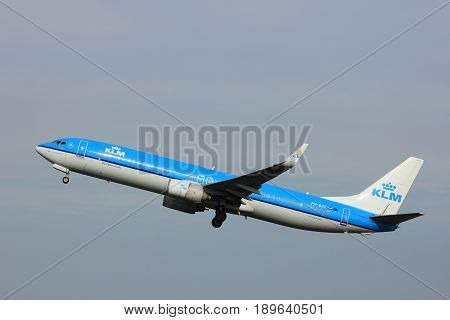 Amsterdam the Netherlands - June 2nd 2017: PH-BXT KLM Royal Dutch Airlines Boeing 737-900 taking off from Polderbaan Runway Amsterdam Airport Schiphol