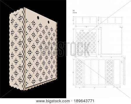 Cut out template for three bottles Wine gift slider Box or Wine Glasses Box (plywood 3 mm). Creative memory bottle pack with geometric design. Scheme is suitable for a laser cutting or printing