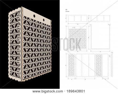 Cut out template for three bottles Wine gift slider Box or Wine Glasses Box (plywood 3 mm). Creative memory bottle pack with geometric design. Scheme is suitable for a laser cutting or printing