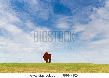 MINSK BELARUS - May 20 2017: Monument of aurochs on the belarussian highway M1 Minsk - Brest. Aurochs is one of the national belarussian symbols.