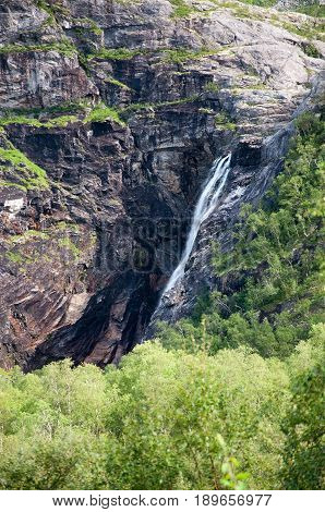 Waterfall in green lush vegetation. Scenic landscape in Bindal in Nordland Norway on a sunny summer day.