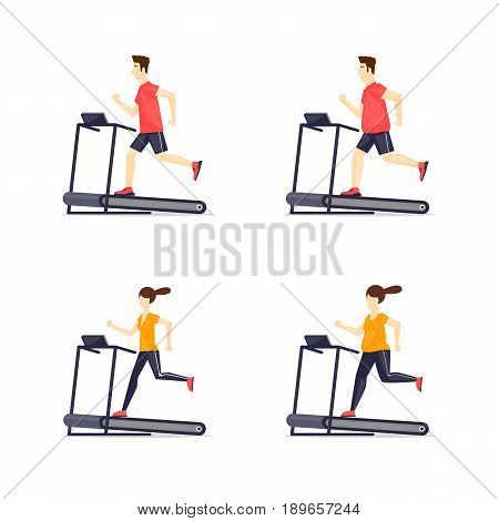 Young adult man, girl running on treadmill, sport, fitness, athletics, healthy lifestyle. Fat and thin. Cartoon. Vector illustration flat design.