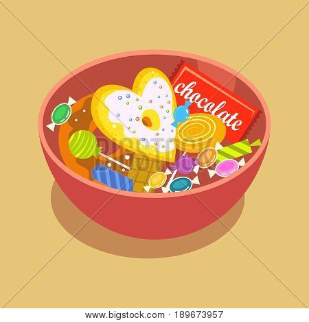 Sweet candies flat icons set in shape of circle with assorted chocolates colorful lollipops isolated vector illustration