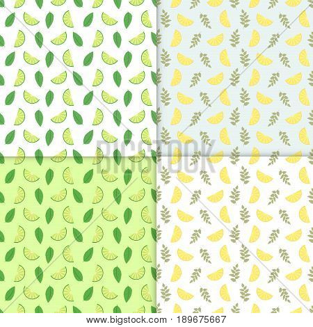 Summer background. Set of vector simple colorful seamless patterns - different fruits. Lime and lemon seamless pattern with juicy limes and leaves. Cool refreshing summer mojito background
