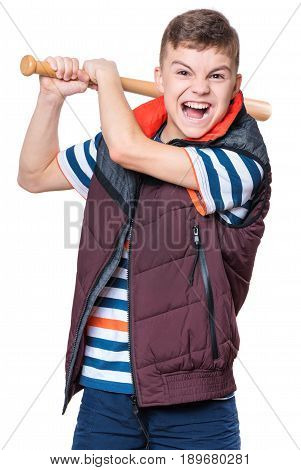Portrait of a angry teen boy holding a baseball bat and screaming. Funny hooligan child looking at camera, isolated on white background.