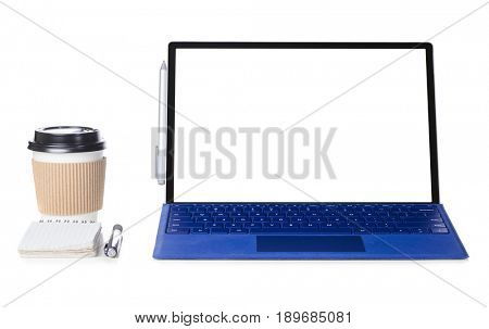Convertible laptop computer with pen support and detachable keyboard isolated on white background