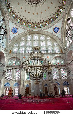 ISTANBUL TURKEY - APRIL 30 2017: Interior of Mihrimah Sultan Mosque in the area Edirnekapi Istanbul's historic centre