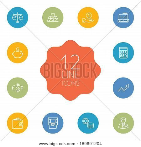 Set Of 12 Finance Outline Icons Set.Collection Of Wallet, Calculator, Savings And Other Elements.